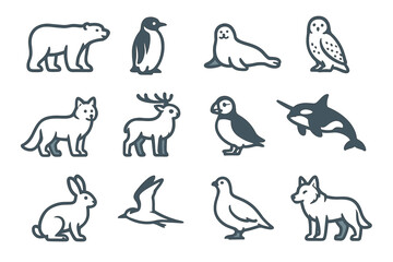 Fototapeta premium Outline illustrations of various animals including bear, penguin, seal, and wolf