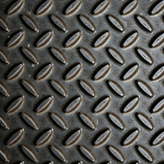 Close-up view of a dark gray, textured metal surface with a diamond pattern. Industrial metal plate texture with no people or objects.