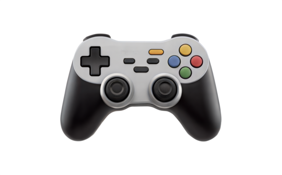 Classic Silver and Black Game Controller video game isolated on a transparent background.