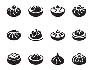 A set of twelve simple, black and white, icon-style illustrations of various types of dumplings.
