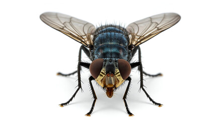 Close-up image of a fly, showcasing intricate details of its body parts and wings, suitable for educational or scientific publications.