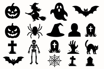 Halloween silhouettes: ghost, witch, pumpkin, bat, and tombstone icons