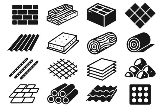 Collection of various construction materials icons: brick, wood, tile, stone, metal, fabric