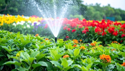 Colorful Garden Sprinkler Watering Flowers.