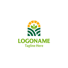 Organic Farm and Agriculture Logo with Green Fields and Sun