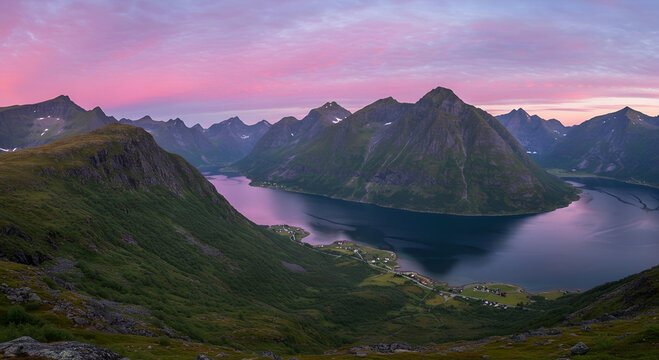 Scenic fjord valley with vibrant pink sunset hues over rugged mountains. Panoramic vista of a tranquil fjord, surrounded by lush green mountains and small village nestled along the shoreline. - Powered by Adobe