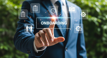 Businessman in a blue suit touching an Onboarding icon on a digital interface