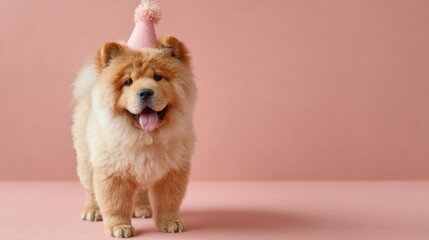 A fluffy chow chow delightfully poses in a birthday hat, exuding joy and charm. The pastel pink setting adds a festive touch to this adorable moment of celebration