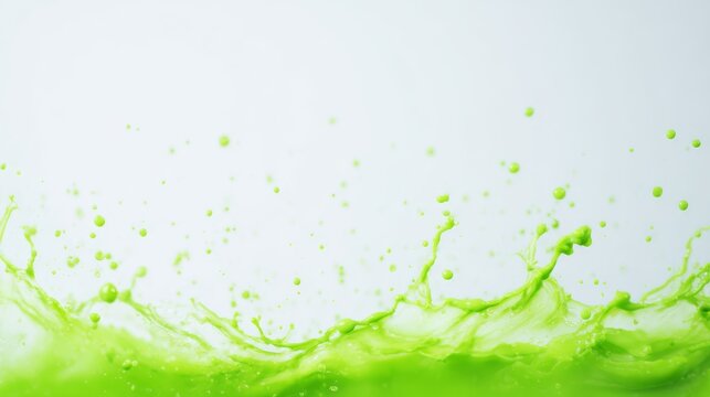 A vibrant green liquid energetically splashes upwards creating dynamic droplets and waves against a pristine bright white background capturing a moment of fluid motion.