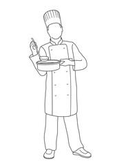 A Chef Holding A Pan. Vector Monochrome Line Drawing Illustration Isolated On A White Background.