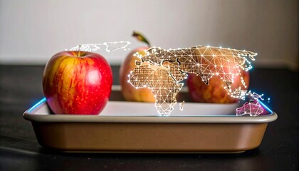 Global Apple Market with World Map, Food, and Technology.