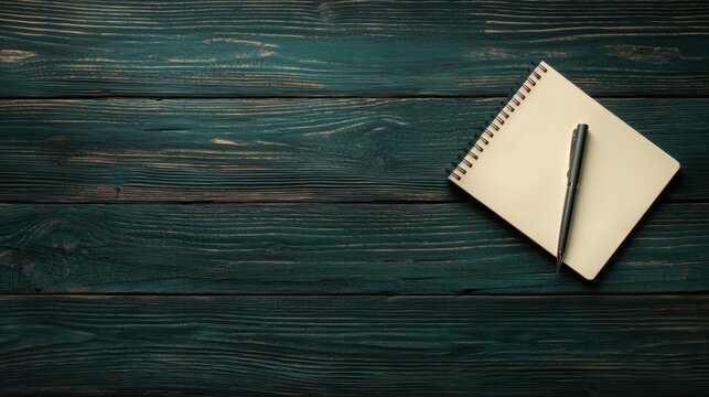 A notebook and pen on a wooden table.