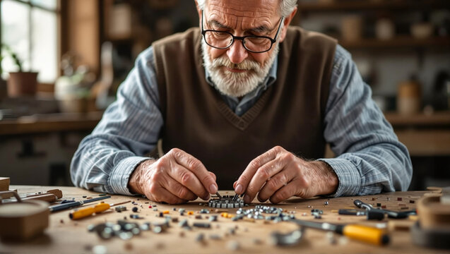 Senior man assembling watch parts in workshop