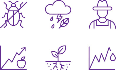 Farming Outline Icons Set; Includes Farmer, Pests, Graph With Apple, Plant, Rainfall
