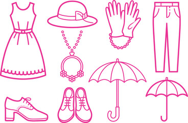 Fashionable Fuchsia Outlined Clothing Apparel Items Flat Lay on White