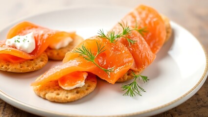 Smoked salmon on rye crisps with cream cheese and dill, clean background