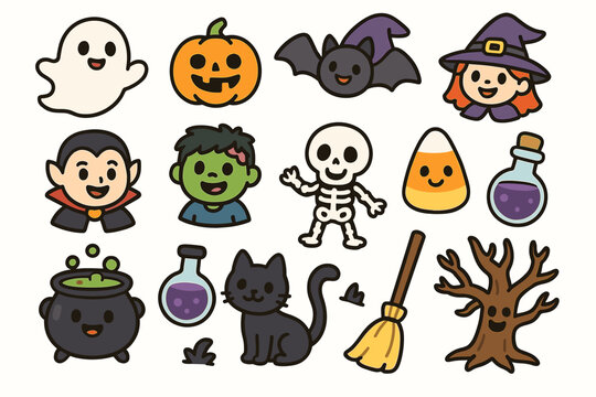 Colorful halloween cartoon icons featuring ghosts, witch, vampire, and spooky elements