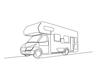 Continuous line art drawing of motor caravan vehicle. Camper van in single line art drawing vector illustration. Editable stroke.