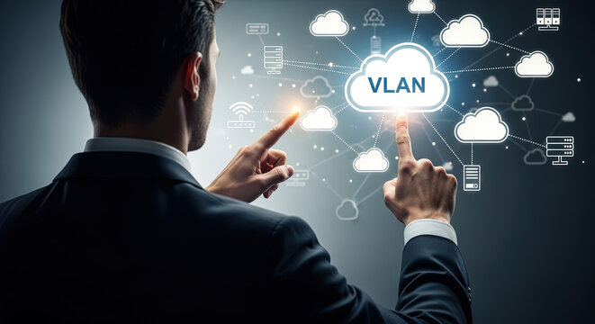 Business Man Interacts with VLAN Cloud Network Interface Represented by Data Storage Connections