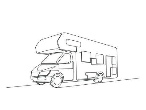 Continuous line art drawing of motor caravan vehicle. Camper van in single line art drawing vector illustration. Editable stroke.