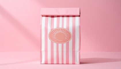Elegant mockup of a striped paper snack bag with a blank oval label against a clean pink background