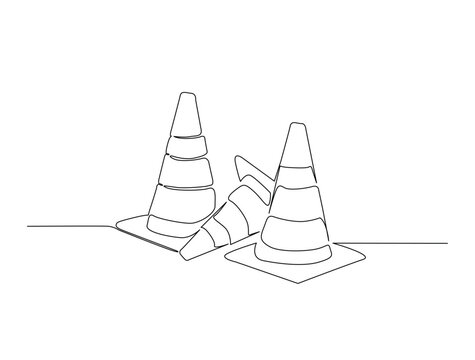 Continuous line art drawing of pylons or traffic cone. traffic cone in single line art drawing vector illustration. Editable stroke.