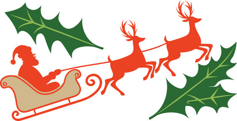 Santa Sleigh and Reindeer with Holly Illustration
