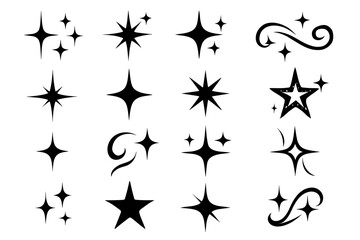 Collection of various black star and sparkle silhouettes