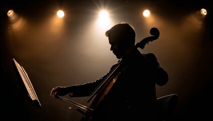 Fototapeta premium A focused silhouette of a cellist in concert, bathed in warm stage lighting.