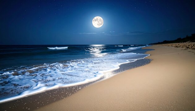 Moonlight Beach with Full Moon, and Ocean Waves.