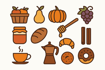 Autumn harvest icons: fruits, honey, bakery, coffee, and cinnamon