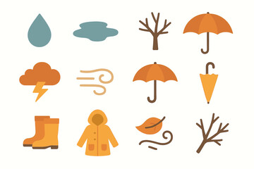 Autumn weather icons collection: umbrella, boots, cloud, tree, leaf, wind, raindrop