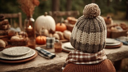 Fototapeta premium Person in Knit Hat at Rustic Autumn Table Setting