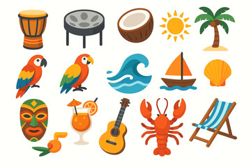 Colorful tropical elements with instruments, wildlife, and beach icons