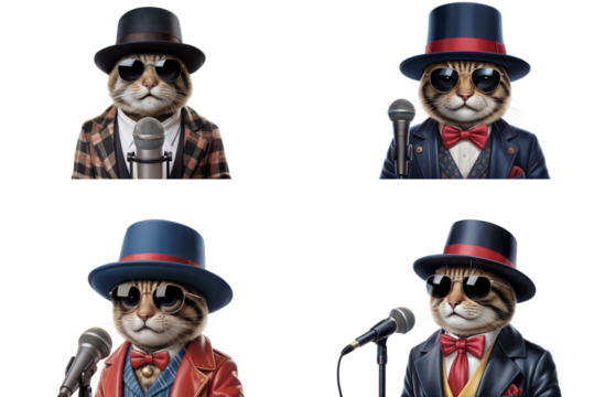 Cool Cat Singers in Top Hats & Suits, Whimsical Animal Illustration for Music, Party or Branding Concepts on a transparent background.