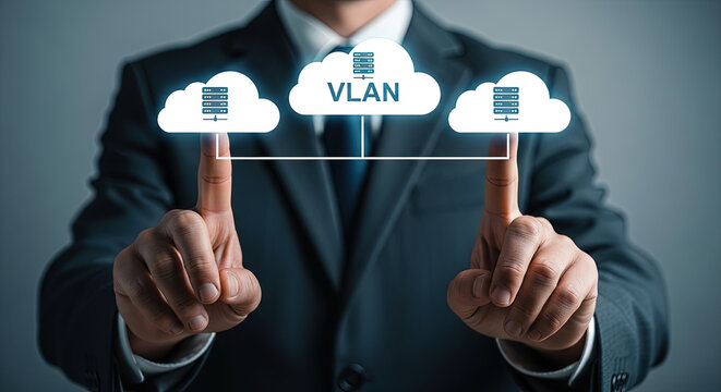 Caucasian man in suit connects server network with fingers, showing VLAN technology concept