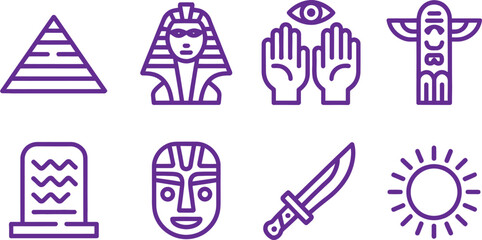 Outlined Purple Egypt Symbols Pyramid Hands Totem Dagger Sun Icons Isolated on White