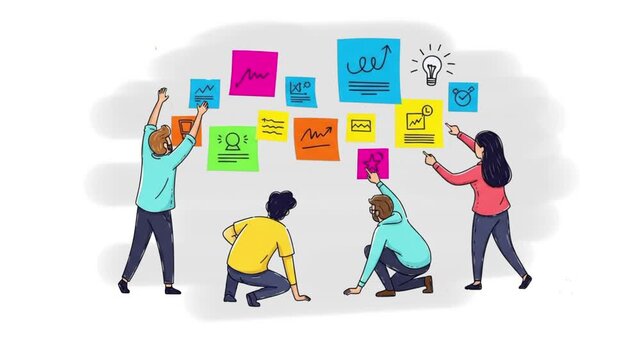 group of people sitting around a round table discussing, whiteboard with charts in the background, hand-drawn flat style vector animation