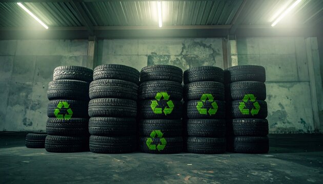 Recycled Tires with Recycling Symbol, and Industrial Warehouse. - Powered by Adobe
