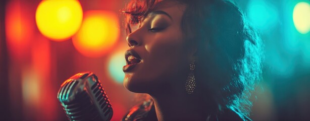 The Singer in Moody Neon Jazz Club Singing Soulfully Into Vintage Microphone