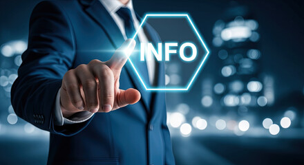 Obraz premium Businessman in blue suit presses glowing INFO button on a digital screen at night