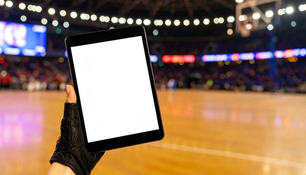 Tablet in Hand at Basketball Arena.
