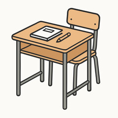 A simple cartoon school desk with chair, book, and pencil on a plain background for educational or back to school concepts