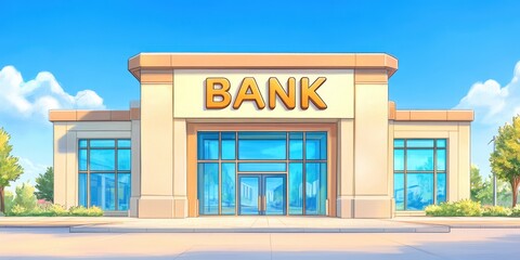 Modern bank building architecture cartoon illustration. Bank structure, business finance institution, commercial investment facade. Clean exterior, blue sky, professional urban concept, trustworthy