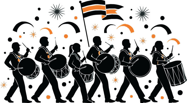 Silhouettes of a marching band parading, with multiple drummers and a flag bearer, surrounded by festive confetti and starbursts.