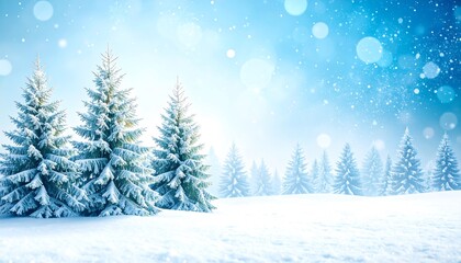 Fototapeta premium A serene winter landscape showcases snow-covered evergreen trees against a soft, light blue backdrop of falling snowflakes and glittering bokeh.