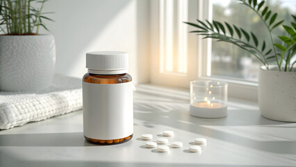 Amber glass pill bottle with white label and scattered pills on a windowsill