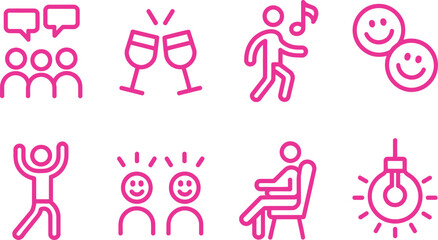 Pink Icons Set of People, Talking, Cheers, Happy, Active, Sitting and Lightbulb on White