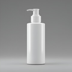 Realistic Photo of a White Cosmetic Bottle with a Pump Dispenser Against a Grey Background