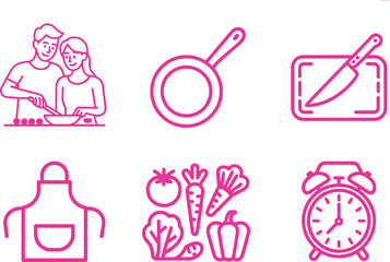Pink Line Art Icon Set Cooking Couple, Pan, Cutting Board, Apron, Vegetables, Clock